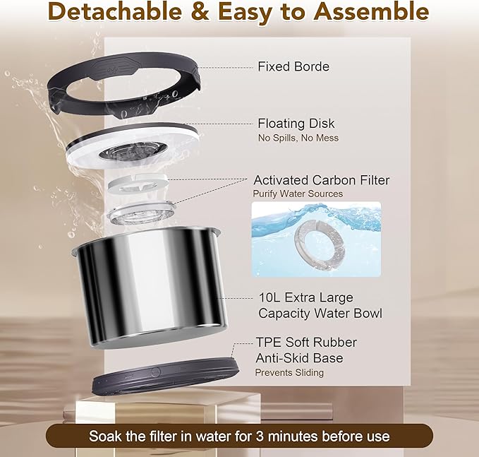 UPSKY Dog Water Bowl No Spill 10L Stainless Steel, 2.6 Gallon Large Capacity Spill-Proof Dog Bowls, Non-Slip Slow Drinking Anti-Splash Bowl for Large Messy Drinkers, No Mess Indoor/Outdoor Use, Gray