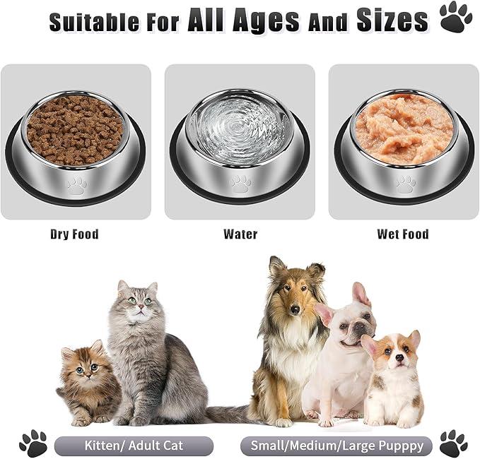 3Pcs Stainless Steel Dog Bowls Set with Dog Paw Pattern- Non-Slip Food and Water Bowl 36 Oz - Dishwasher-Safe, Rust Resistant Metal Pet Bowls for Small/Medium/Large Sized Pets