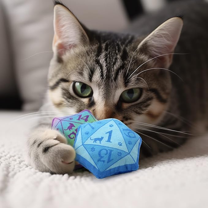 CiyvoLyeen D20 Dice Catnip Toy, DND Interactive Cat Toy Gifts for Role Playing Tabletop Game Soft Plush Funny Cute Kitten Teething Chew Pet Supplies Cat Lover Witchy Gift Idea Dnd Accessories Set of 5