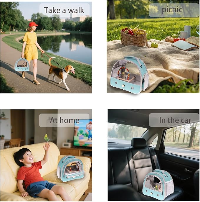 Portable Parrot Travel Cage Carrier with Small Swing Toy&Cage Colorful Toys Set Small Bird Parakeet Bag with Standing Perch Bird Carry Transport Bag (Green, Carreir/Swing)