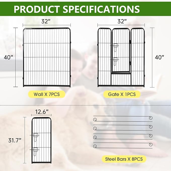 BestPet | Dog Playpen | 40 Inch, 8 Panels | Heavy Duty Metal Pet Exercise Pen | Indoor Outdoor Fence Panels | Rust-Resistant, Removable, Tool-Free Setup | Anti-Skid, Expandable Design