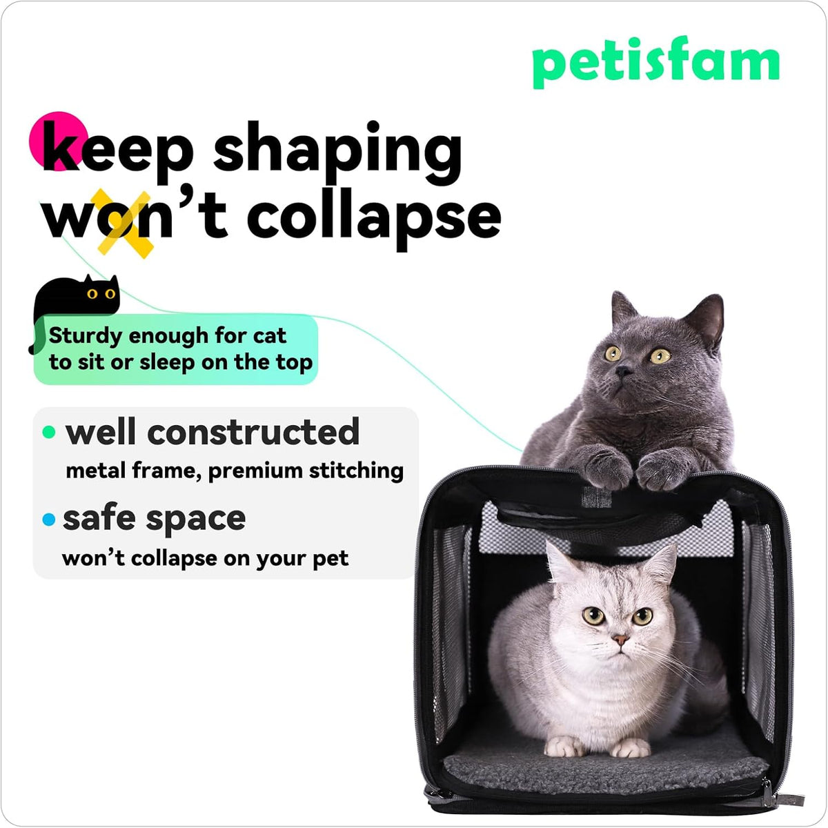 petisfam Easy Load Pet Carrier for Large, Medium Cats, 2 Cats and Small Dogs with Comfy Bed. Easy to Get Cat in, Escape Proof, Easy Storage, Washable, Safe and Comfortable for Vet Visit and Car Ride