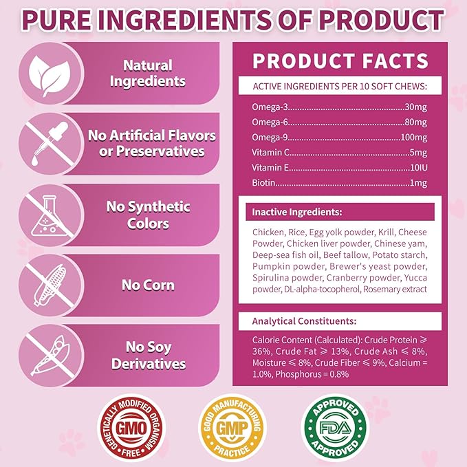 Natural Skin and Coat Support for Cats - Crunchy & Creamy Chews with Omega 3, Biotin & Vitamin E for Healthy Skin, Shiny Fur, Cat Supplements & Vitamins -Chicken(500 Chews