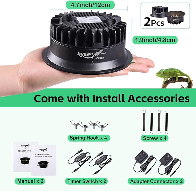 UVB Light for Reptiles, UVA UVB Reptile Light Fixture with Timer LED UVB Bulb for Bearded Dragon Gecko Turtle Chameleon Lizard, 2 Pack Adjustable Brightness UVB Lamp for Reptile Tank Accessories Black