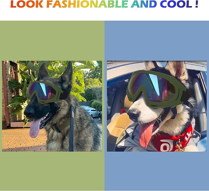 Large Dog Sunglasses with Adjustable Strap UV Protection, Suitable for Medium-Large Dogs, Soft Goggles (Army Green Frame)