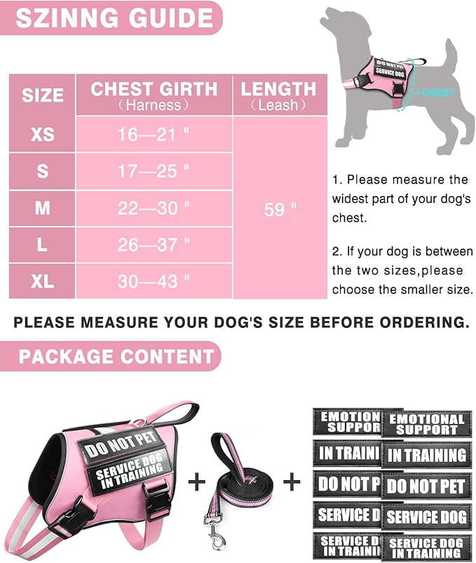 Service Dog Vest Harness and Leash Set+10 Patches for Puppy Small Dogs,Do Not Pet Emotional Support Dog Vest with 2 Soft Padded Handle for Everyday/Training (Pink XS)