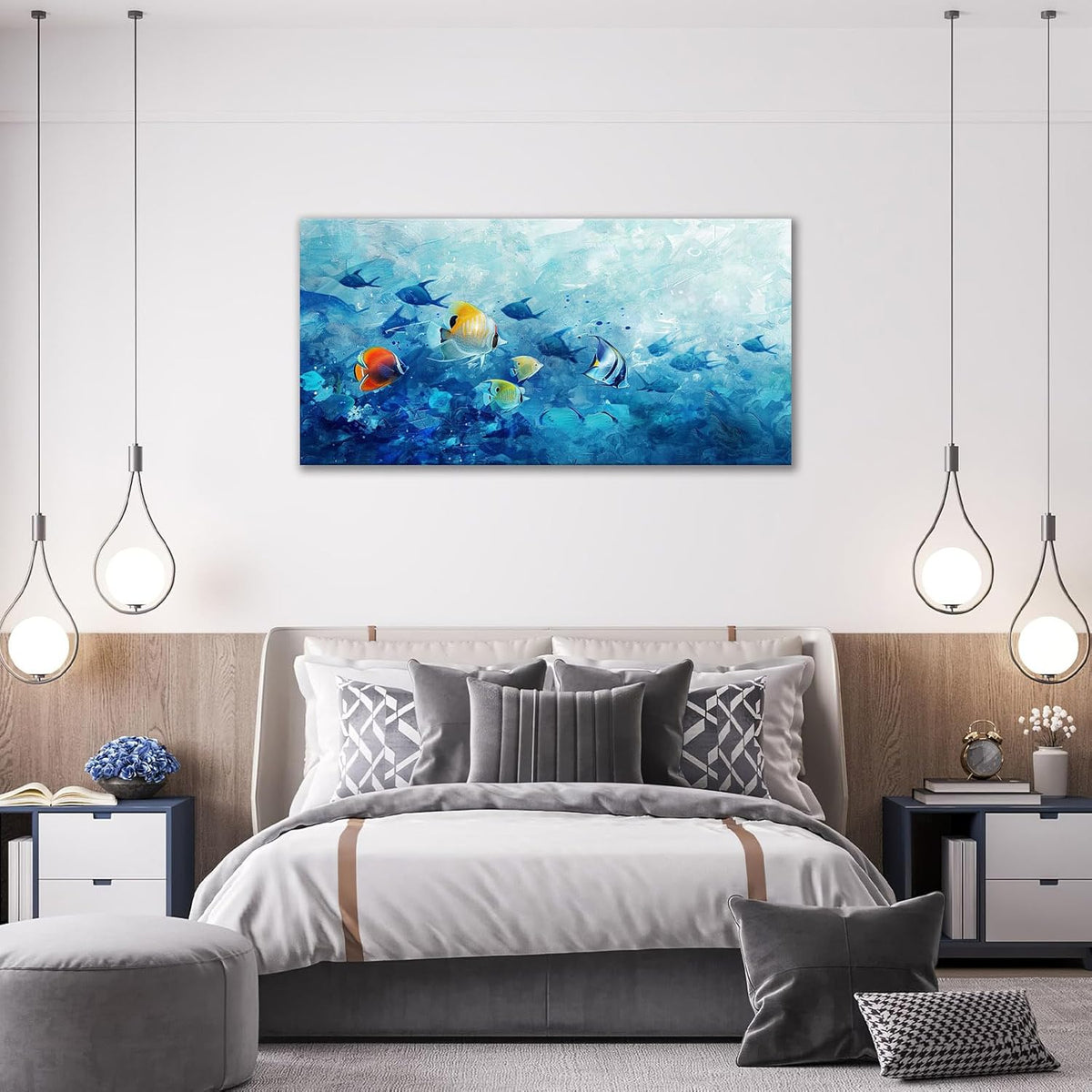 Extra Large Wall Art Tropical Fish Canvas Living Room Pictures Framed Prints Ocean Blue Oversize Wall Decor Animal Painting Artwork for Bedroom Dining Office Home 60"x30"