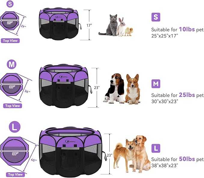 Large Dog Playpen, Puppy Pet Playpen Indoor, Dogs Tent Crates Cage Indoor/Outdoor, Portable Pop Up Dog Kennel Playpen with Carrying Case for Dogs/Cats/Rabbits, Purple