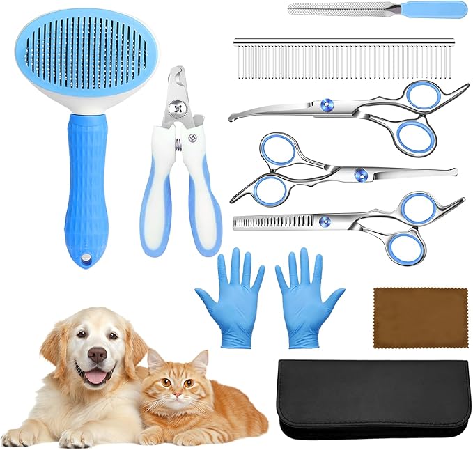 Professional 10pcs Dog Grooming Kit for Cats & Pets, All-in-One Home Pet Grooming Supplies with Safety Scissors Set,Nail Chlippers,File, Self-Cleaning Brush Storage Case, for Small Medium Large Pets
