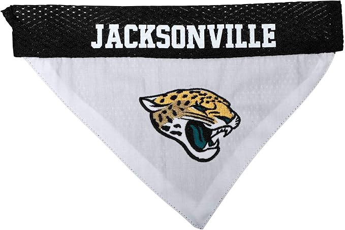 Pets First NFL DOG BANDANA - JACKSONVILLE JAGUARS REVERSIBLE PET BANDANA. 2 Sided Sports Bandana with a PREMIUM Embroidery TEAM LOGO, Small/Medium. - 2 Sizes & 32 NFL Teams available
