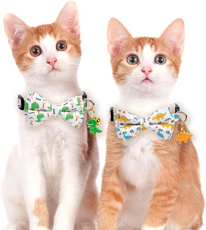 2 Pack Cotton Cat Collar with Bow Tie and Bell for Girl Boy Cats,Cute Pink Flamingo and Blue Whale Pattern Spring Summer Breakaway Cat Collar for Male Female Cats (Dinosaur)
