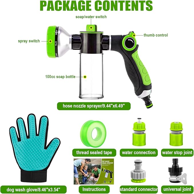 Upgraded Dog Wash Hose Attachment, 8-in-1 Sprayer Mode Garden Hose Nozzle with Pet Grooming Glove and 100cc Soap Dispenser Bottle, Adopted in Watering Flowers, Car Wash, Dog and Horse Showering