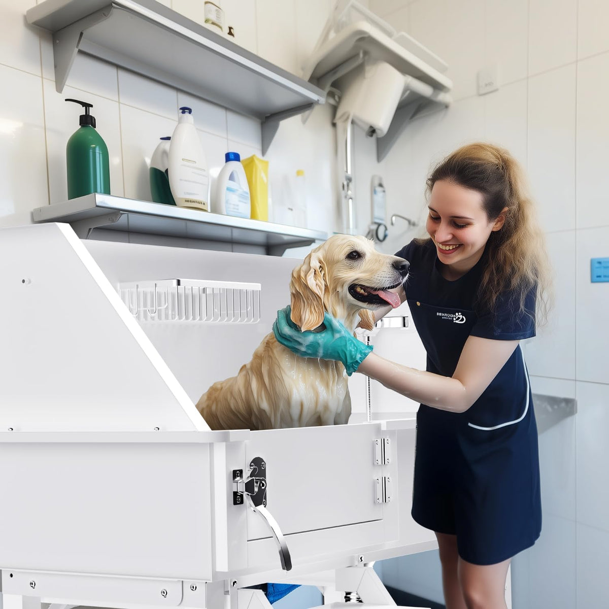 Dog Washing Station for Home,38" Professional Dog Washing Station Stainless Steel Dog Grooming Tub for Home,Equipped with Three Anti-Slip Steps, Removable Door, Pet Wash Station for Pet