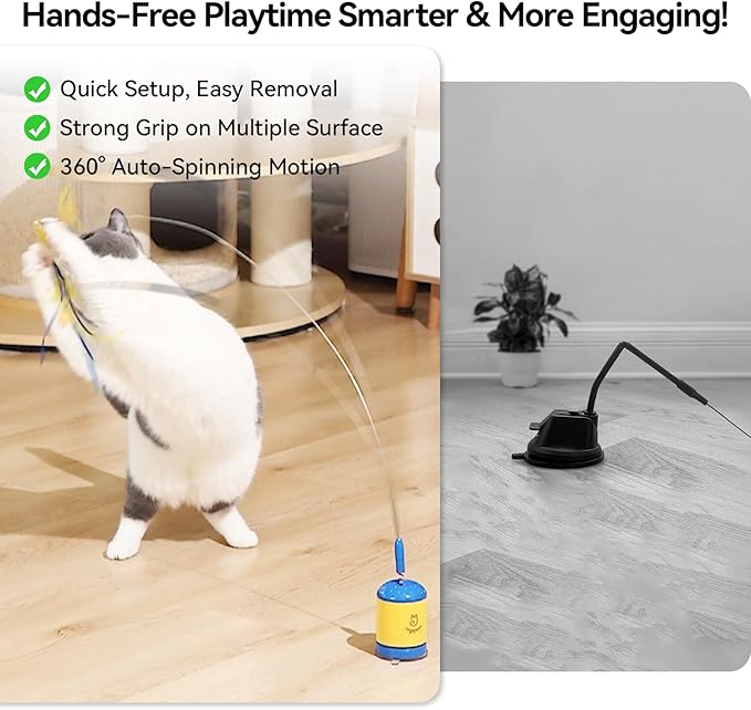 Migipaws Interactive Automatic Cat Teaser Wand Toy with Strong Suction Cup, 70cm Flexible Wire & DIY Bending Design, Rechargeable Cat Exercise Toy with Auto Timer for Indoor Cats(Blue)
