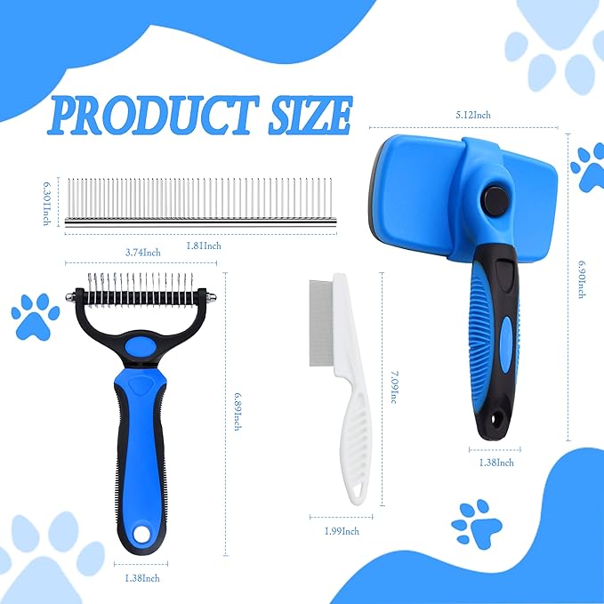 4 in 1 Cat Grooming Brush Self Cleaning Slicker Brush Dematting Tool for Dogs & Cats Haired Pets Skin Friendly, Deshedding Tool, Suitable for Pet Supplies Accessories, Blue