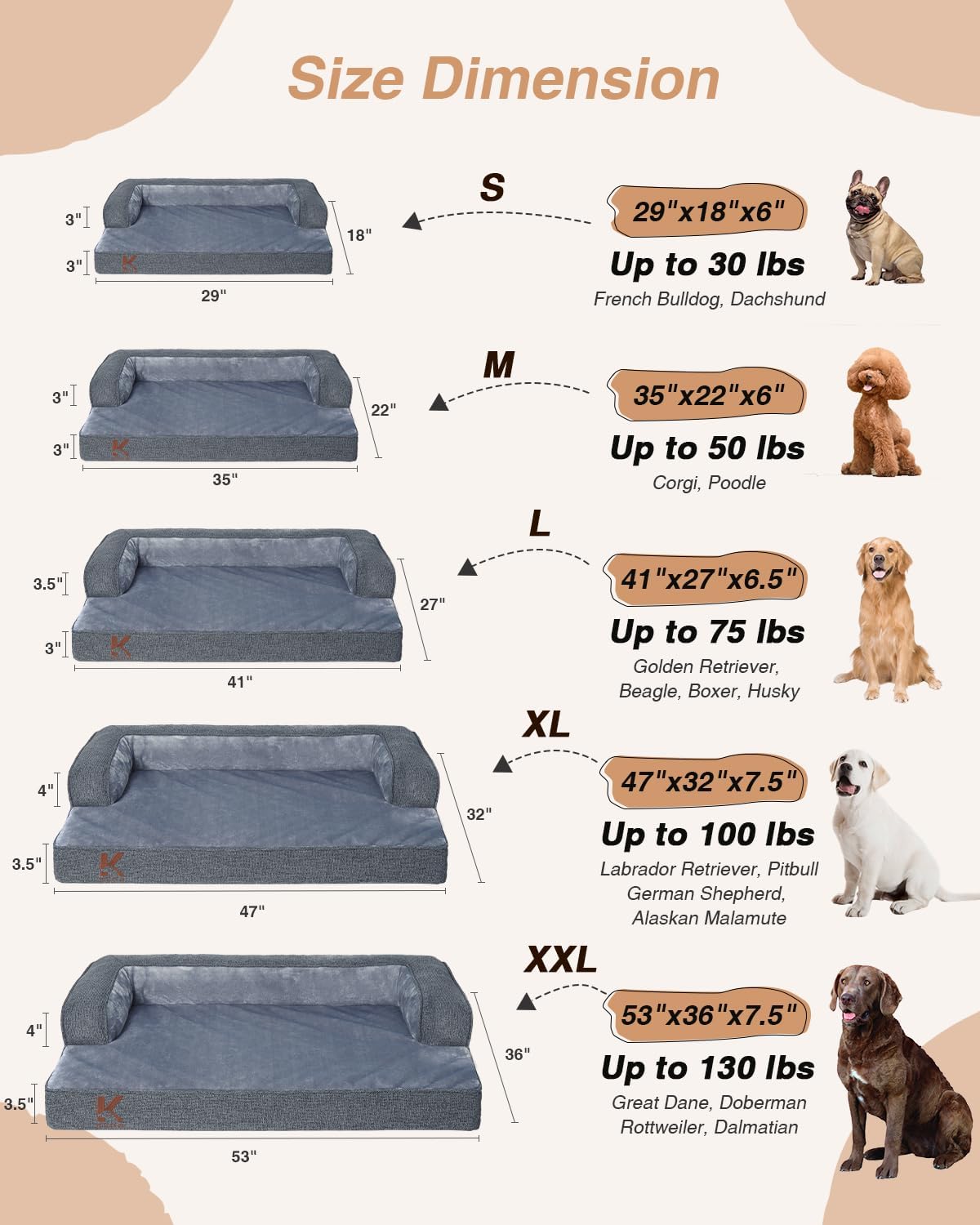 KSIIA Orthopedic Dog Bed for Large Sized Dog,Washable Pet Sofa with U-Shaped Bolster Removable Waterproof Cover Non-Slip Bottom and Egg-Crate Orthopedic Foam Pet Couch Bed, 41 x 27 Inch, Dark Gray