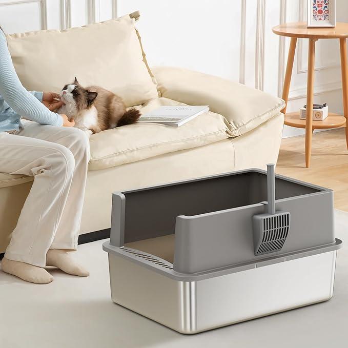 28" Extra Large XXL Stainless Steel Cat Litter Boxes with Lid Metal Cat Litterbox Pan for Big Cats and Multiple Cats, Anti-Leakage, Easy Cleaning, Include Scoop