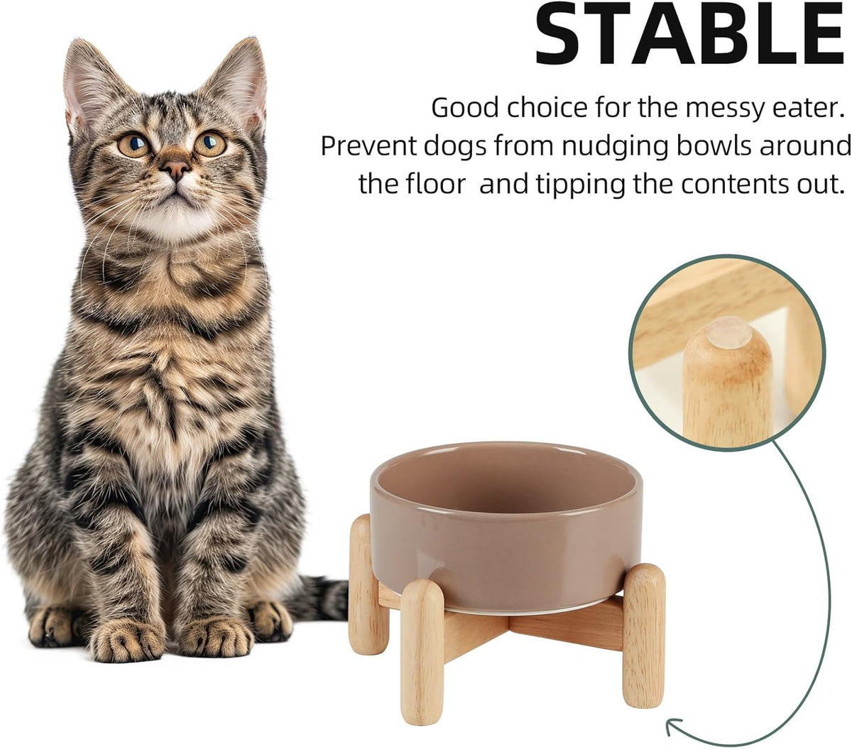 Ceramic 5.1inch Raised Dog and Cat Bowl Set, Elevated with Wooden Stand, Food and Water Bowl for Small Breed Dogs, Cats, Kitty, Weighted Dog Dishes, Pet Bowls(13.5oz, Brown Coffee)