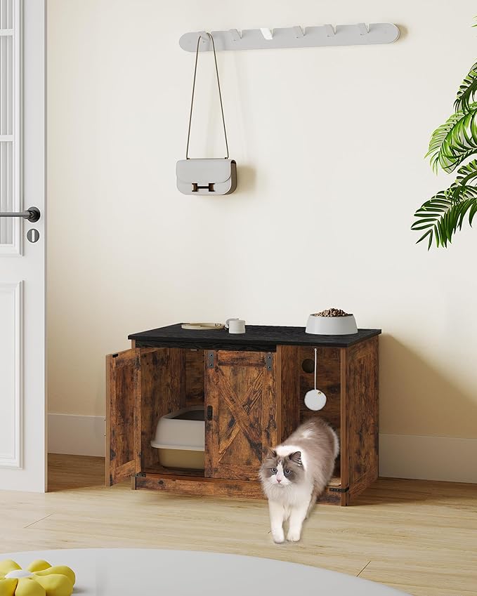Cat Litter Box Enclosure, Hidden Litter Box Cabinet Furniture with Bell, Indoor Cats House, Farmhouse Style, 31.5 x 19.7 x 20.9Inches, for Hallway, Bedroom, Rustic Brown and Black CB82401X