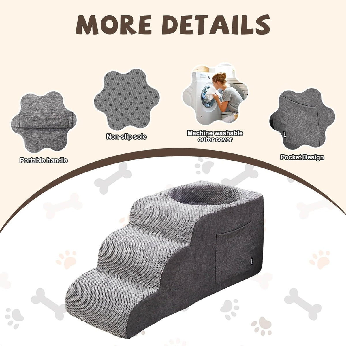 Dog Stairs, Dog Stairs for Small Dogs, 3-Step Pet Stairs, Dog Steps for Bed, Dog ramp, pet Stairs for high beds, Old Dog pet Steps, Non-Slip Pet Step Indoor, Grey
