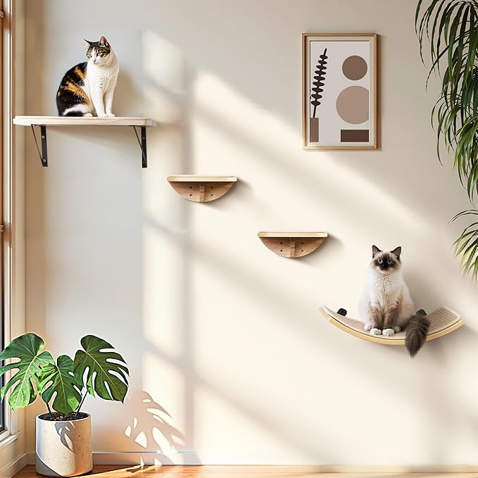 Wood Cat Wall Shelves with Sisal Cats Window Perch, Wall Mounted 4-Piece Cat Climbing Set with Curved Bed, Flat Perch and Sisal-Covered Steps