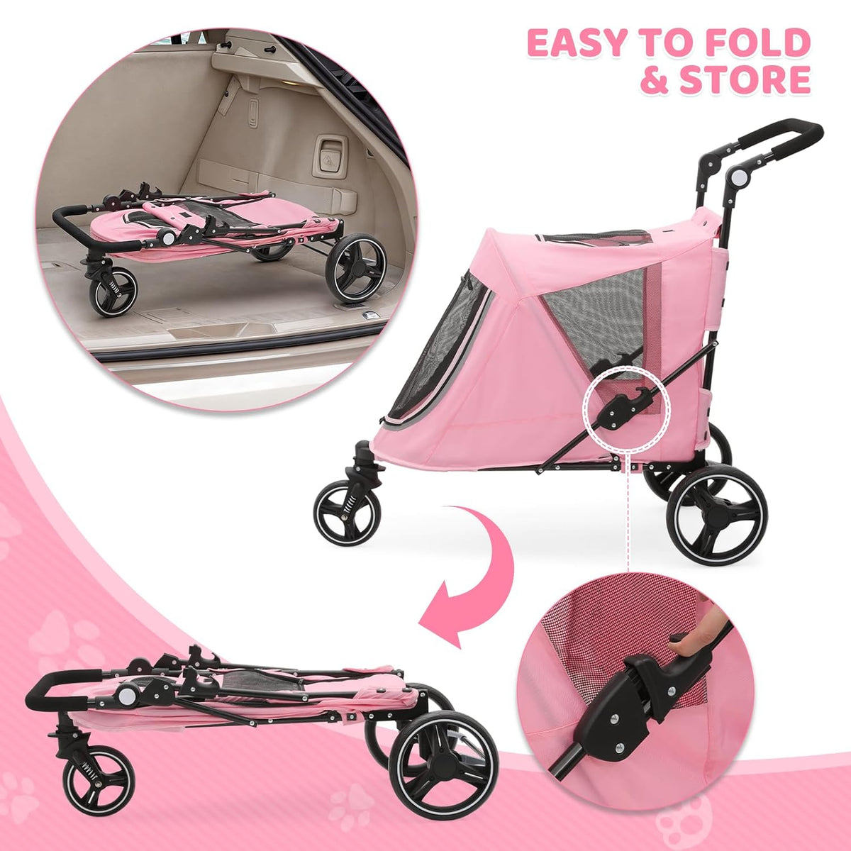 Magshion Pet Stroller for Medium Dogs w/Adjustable Handle, 3-Wheel Dog Cat Wagon w/Dual Entry, Rear Storage, Breathable Mesh, One-Foot Brake, Ideal for Large Pets up to 55 lbs, Pink