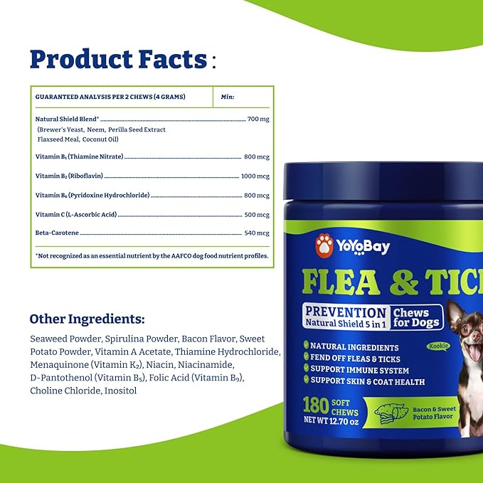 Flea & Tick Prevention for Dogs Chewables, YoYoBay Natural Dog Fleas and Ticks Control Supplement, Dogs Supplement, Natural Shield 5-in-1 Protection, Bacon & Sweet Potato Flavor, 180 Soft Chews