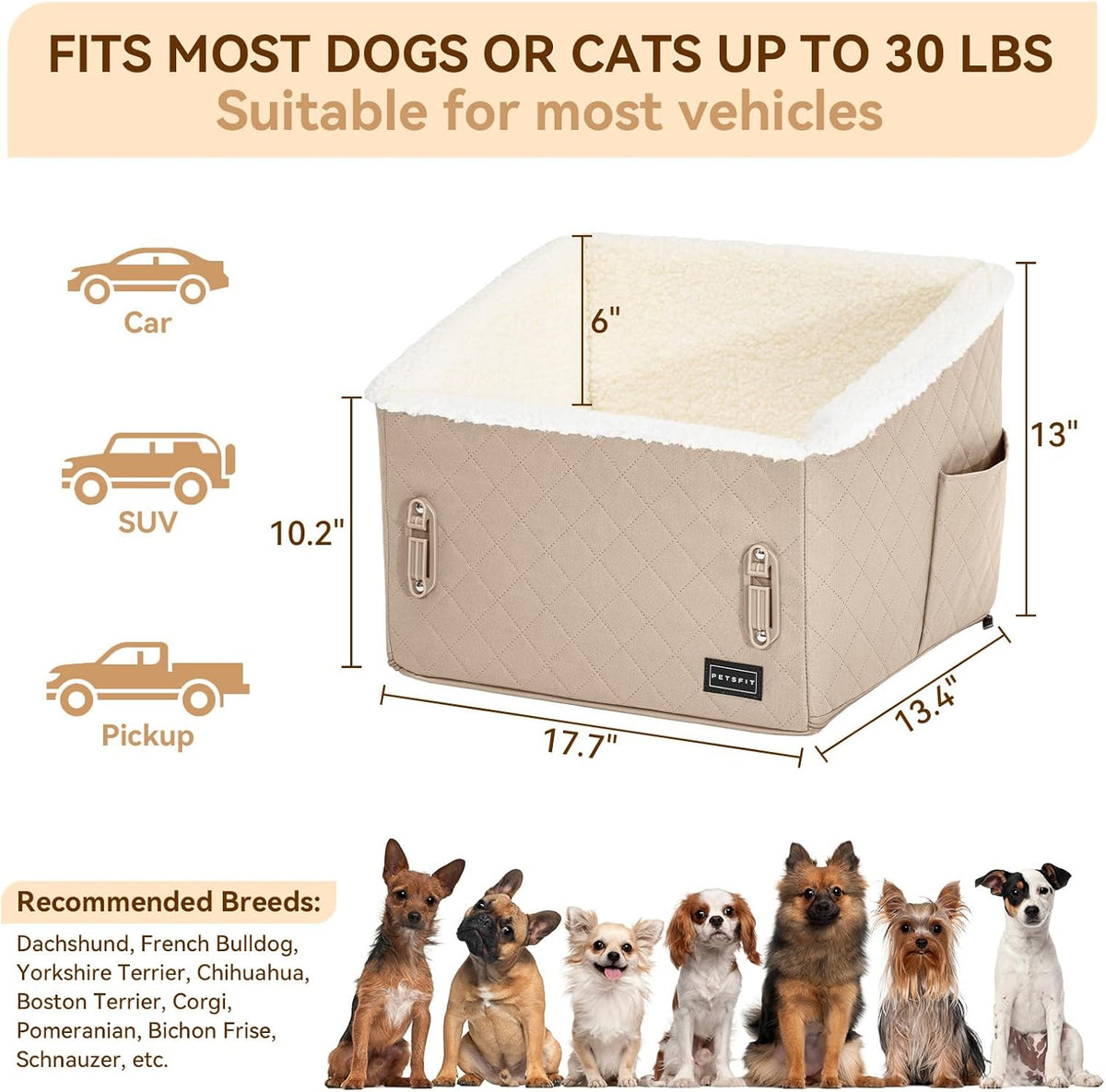 PETSFIT Small Dog Booster Car Seat, Soft Foam Puppy Carseat with Patented Safety Buckles, Storage Pockets and Detachable Clip-On Safety Leash, Dog Car Booster Seat for Medium Pet Under 30 LBS (Khaki)
