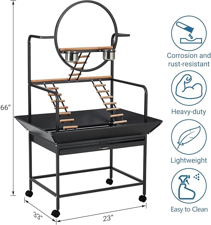 Bird Playstand, 66'' H Inch Birdcage Stand Activity Play Center with Perches and Ladders, Removable Tray, Indoor Outdoor Playground for Parakeet,Cockatiels Conures Parrots, Lockable Caster,Black