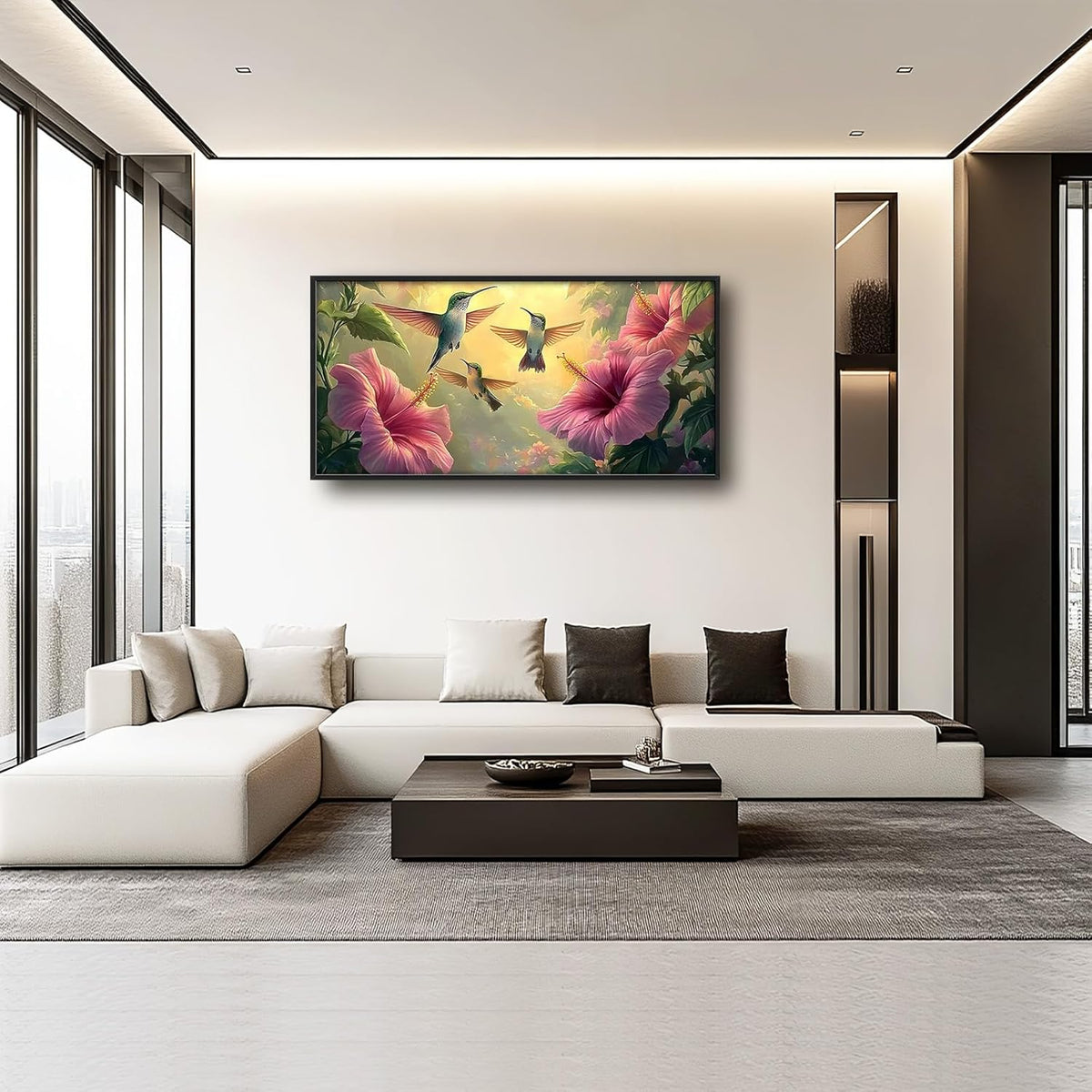 Framed Large Hummingbird Wall Art for Living Room, Oversized Rustic Bird Flower Wall Decor Floral Canvas Painting Nature Sunrise Pictures Modern Artwork for Bedroom Office Dinging Room 60"x30"