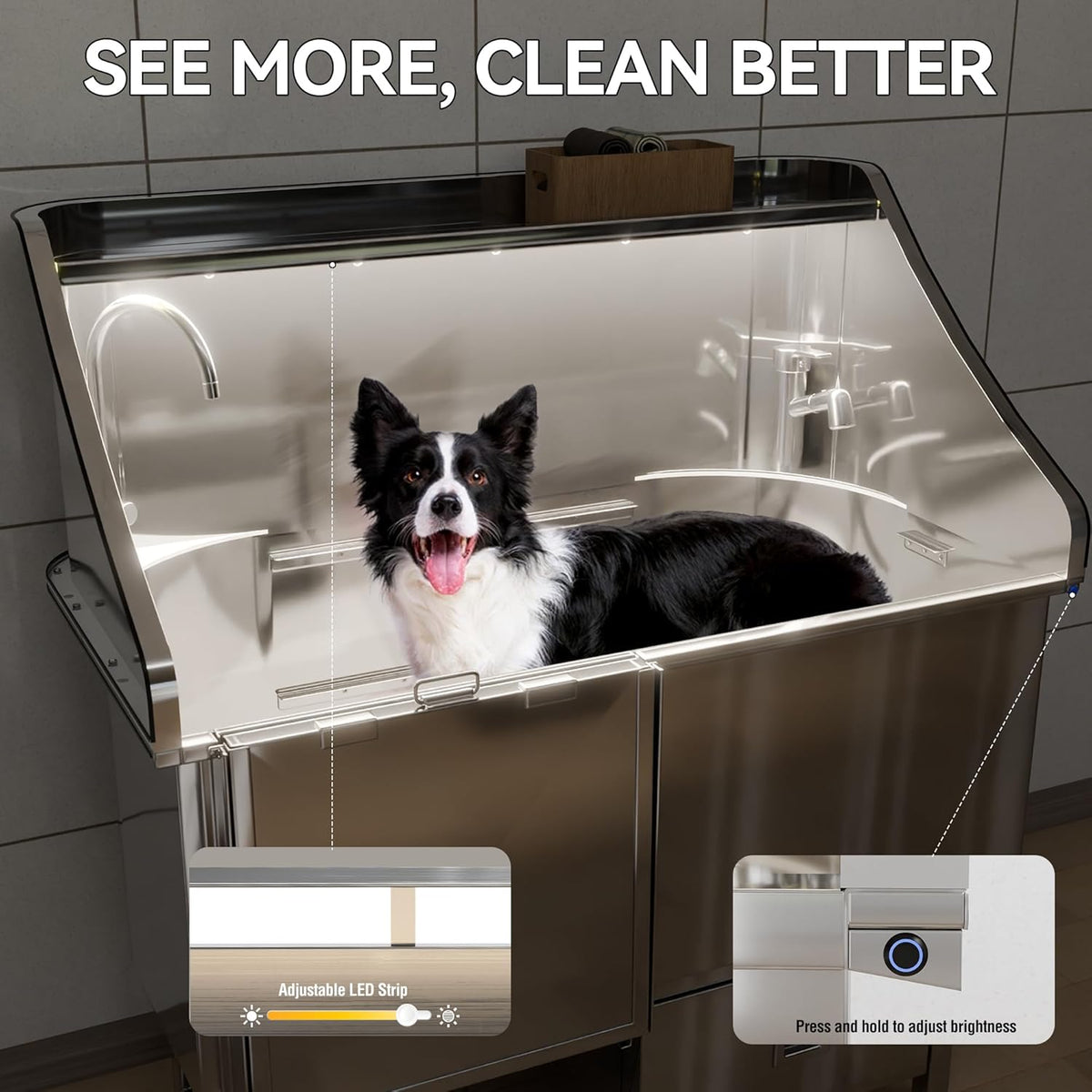 50'' Dog Washing Station - 304 Stainless Steel, LED Dog Bathing Station with Ramp, 2 Drawer, Floor Grate & Lick Pad for Large, Medium & Small Dogs