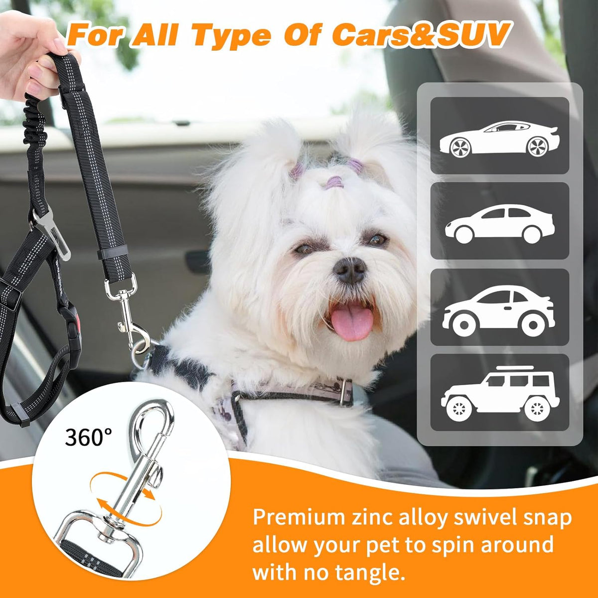 BWOGUE Pet Dog Cat Seat Belt Reflective Car Dog Headrest Restraint Leash Elastic Buffer Bungee Adjustable Tangle-Free Safety Leads Vehicle Seatbelt Harness for Small, Medium and Large Dogs (1 Pack)