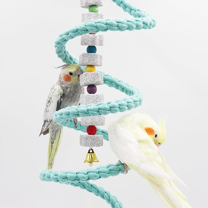 Bird Cage Accessories: Hanging Spiral Bird Rope Perch with Metal Hook, for Budgie, Lovebird, Parakeet, Cockatiel, Conure, Quaker, Caique, Small to Medium Birds