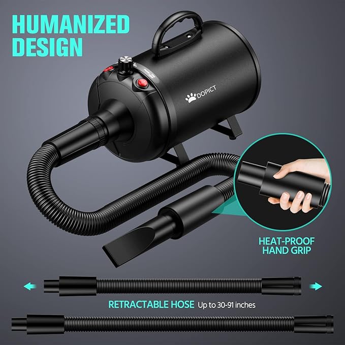 Pet Dryer, 5.2HP/3800W Pet Grooming with Adjustable Speed and Temperature Control Dog Blow Dryer, Pet Hair Dryer with 3 Nozzle
