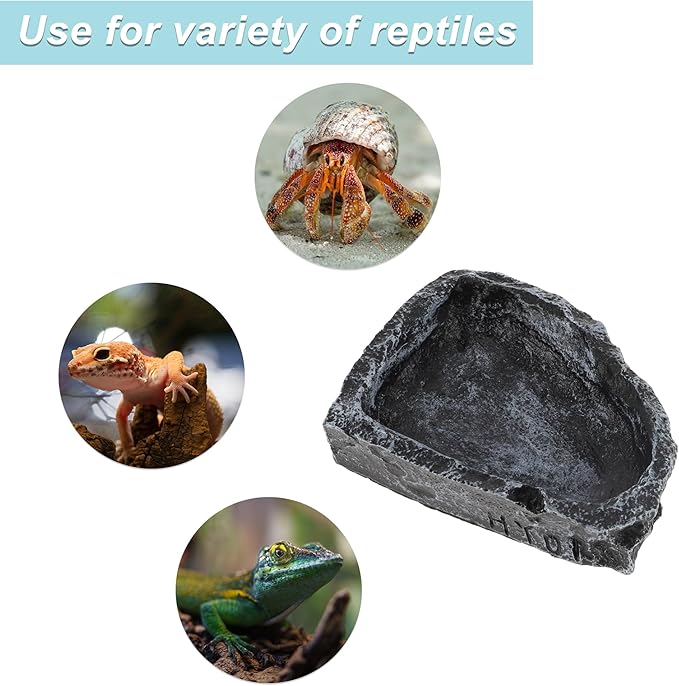 Reptile Food Dish, Resin Lizard Reptile Food Dish, Turtle Water Bowl, Terrarium Feeding Bowl Accessory for Lizard Tortoise Snakes Gecko, Black, 4.72"x3.74"x0.98"