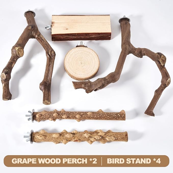 6-Piece Bird Perch Set - Natural Wood Grape Sticks, Paw Grinding Forks, Bird Stand & Toys for Parakeets, Cockatiels, Conure, Budgies