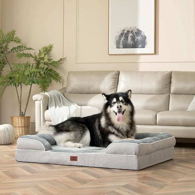 EHEYCIGA Orthopedic Dog Beds for Extra Large Dogs, Waterproof Memory Foam XXL Pet Bed with Sides, Non-Slip Bottom and Egg-Crate Foam Big Dog Couch Bed with Washable Removable Cover, Grey
