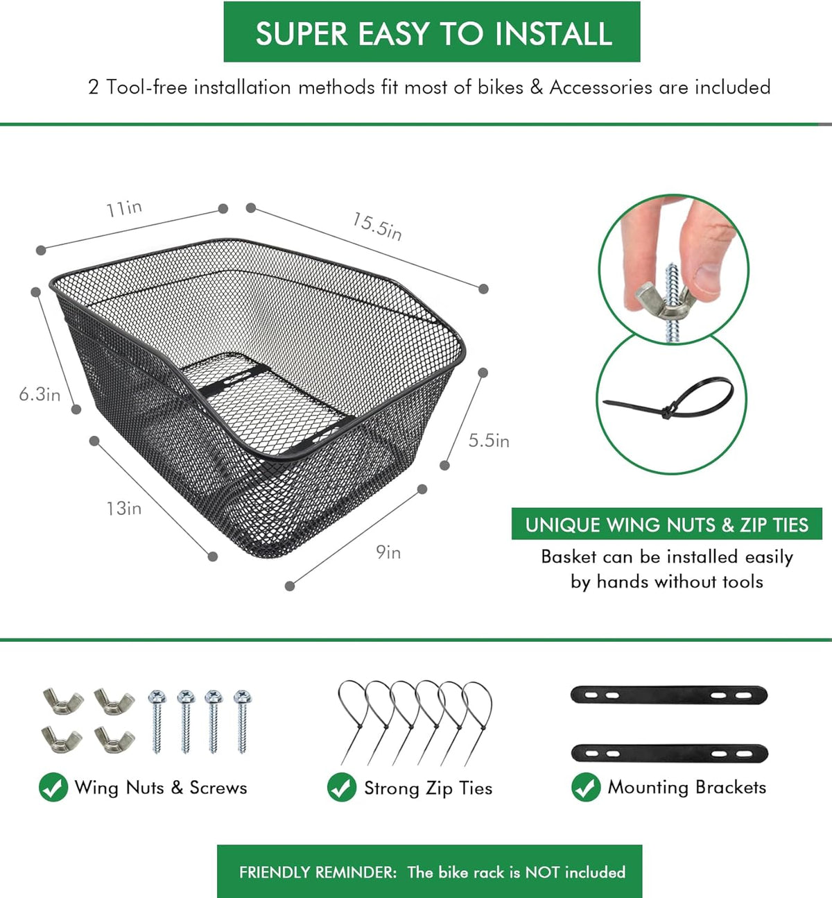 Rear Bike Basket, Tool-Free Install, Dog/Pet Carrier, Ebike Electric Bicycle Back Cargo Basket, Fits Most Rear Racks, with Waterproof Cover, Cargo Net