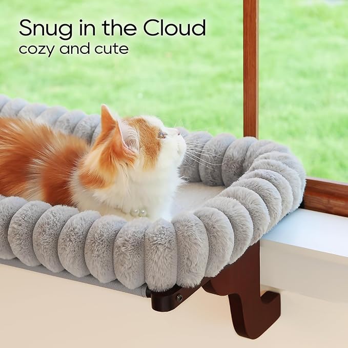 SnugCloud Cat Window Perch with 4-Sided Bolster - Orthopedic Cat Hammock for Window Sill - Solid Hardwood & Metal Frame - Window Seat for Pets (Dark Stained Wood w/Gray Bed, Medium)