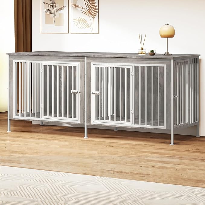 63 Inch Dog Cage Furniture for 2 Large/Medium Dogs with Removable Divider, Extra Large Double Doors Dog Kennel, XXL Thick Wooden Dog cage Furniture, Durable and Sturdy, Beige