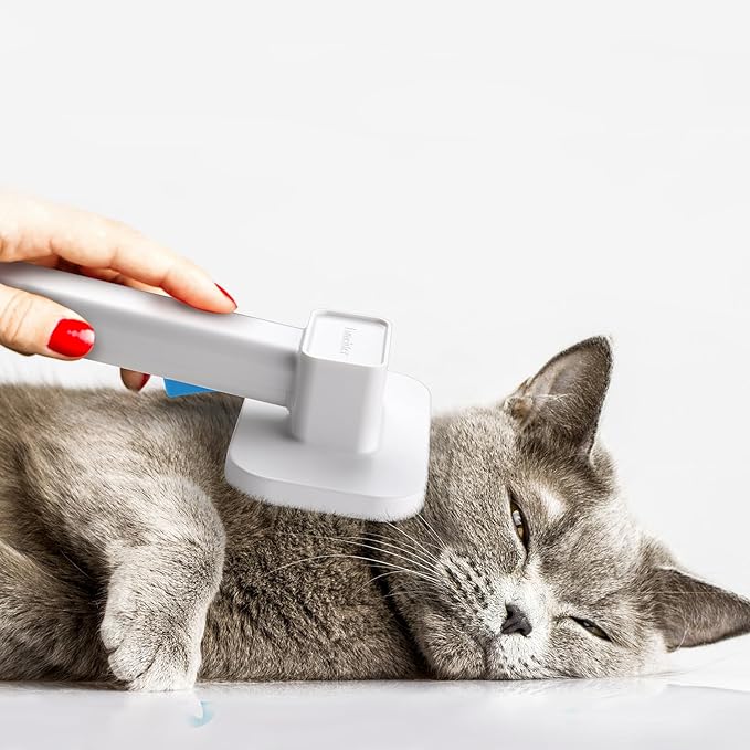 Self Cleaning Slicker Dog Cat Brush for Shedding - Deshedding Tool with Max Massage Tips, Grooming Brush for Short Medium Haired Cats & Dogs (Blue)