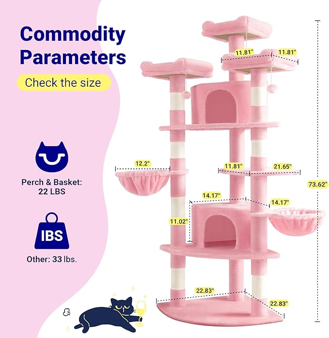 Allewie 73in Fan-Shaped Space-Saving Corner Cat Tower/Multi-Level Tall Cat Tree for Indoor Kitties/Cozy Baskets/Condos/House/Perches/Sisal Scratching Posts/Pet Activity Center/Pink