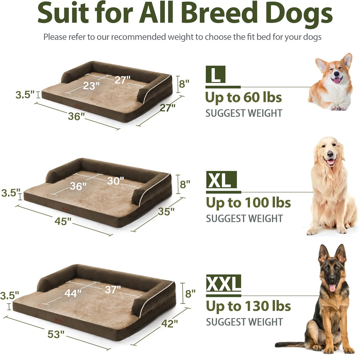 Orthopedic Dog Beds for Large Dogs, Waterproof Dog Beds, Egg-Crate Foam Dogs Couch Beds, Comfy Bolster Pet Bed with Removable Washable Cover, Nonskid Bottom (Large,Brown)
