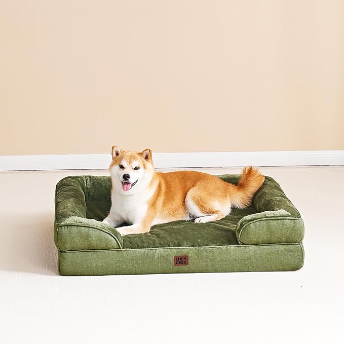 EHEYCIGA Orthopedic Dog Bed for Medium Dogs, Waterproof Memory Foam Medium Pet Beds with Sides, Non-Slip Bottom and Egg-Crate Foam Dog Couch Bed with Washable Removable Cover, Olive Green