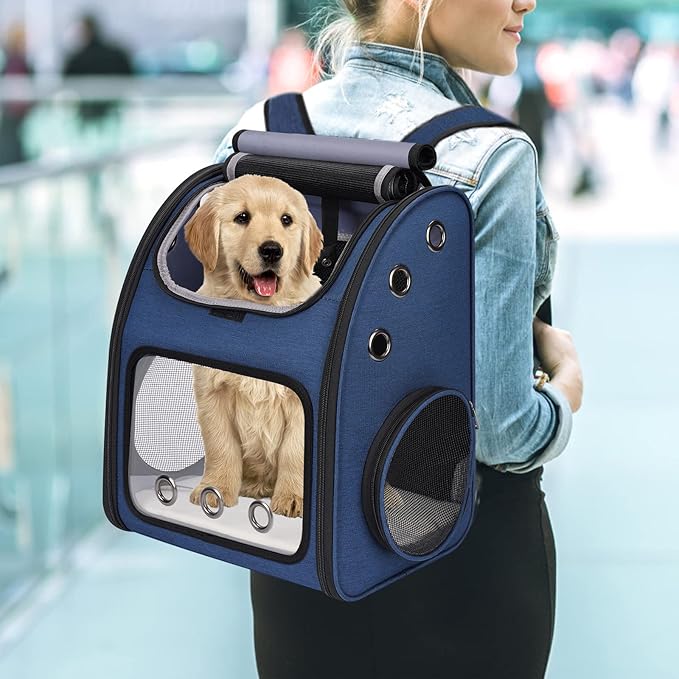 Expandable Pet Carrier Backpack for Cats, Dogs and Small Animals, Portable Pet Travel Carrier, Super Ventilated Design, Airline Approved, Ideal for Traveling/Hiking/Camping, Blue