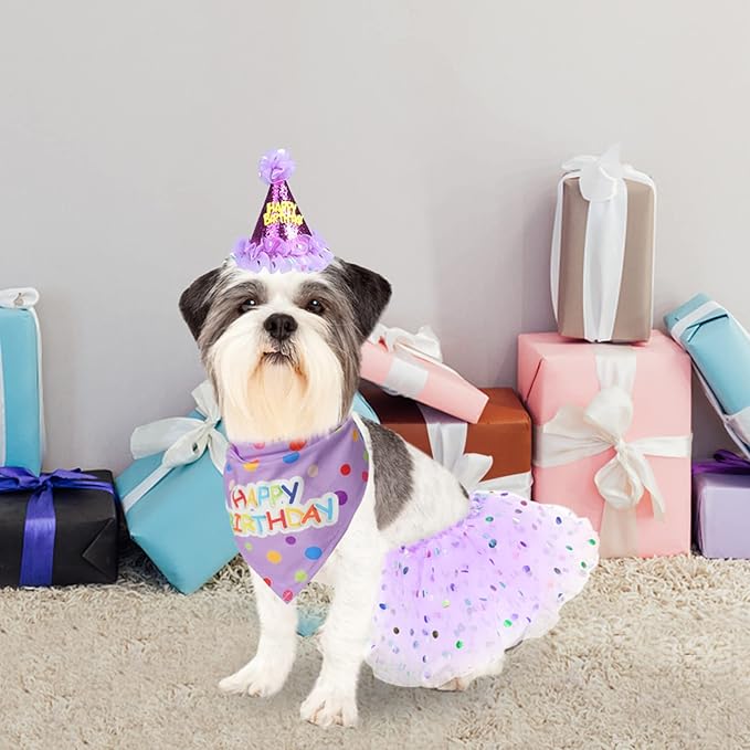 SCENEREAL Dog Birthday Bandana with Hat and Dress Girl Set, Puppy Birthday Party Supplies, Cute Tutu Skirt Outfit for Small Medium Large Dogs