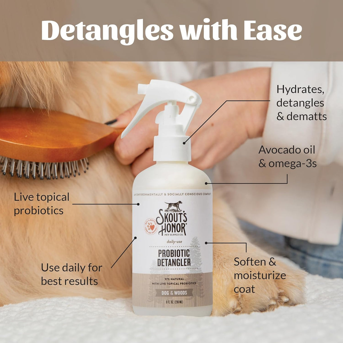 Skout's Honor Pet Detangler Spray - Hydrating & Conditioning with Avocado Oil & Probiotics, 97% Natural, Paraben & Sulfate-Free, softens for a brushable Coat, Daily Use, 8oz, Dog of The Woods, 2-Pack