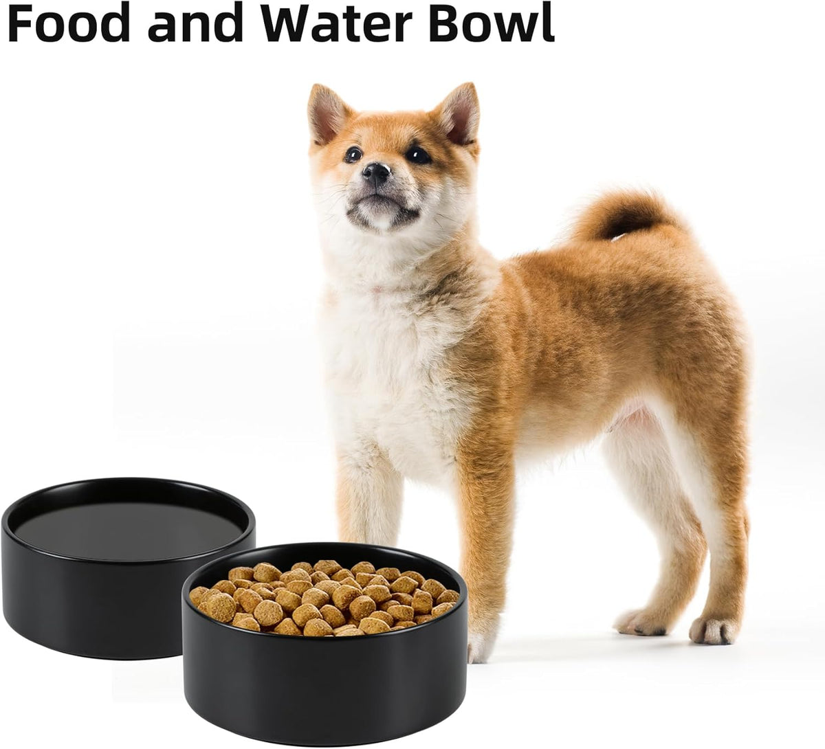Ceramic Dog Bowl, Food and Water Bowl for Medium Breed Dog, Pet Bowl for Replacement (7.3 inch, Single Bowl, Black)