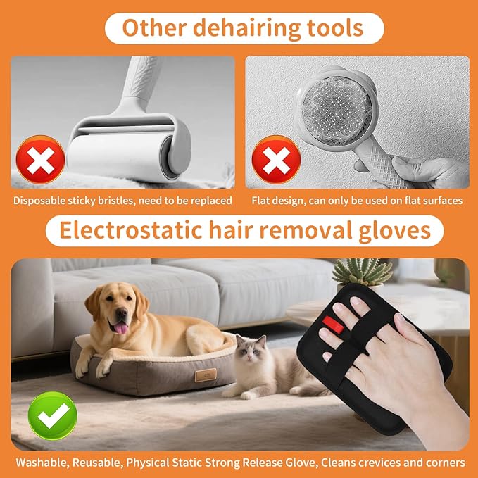 2 Pcs Pet Hair Removal Gloves, Reusable Electrostatic Grooming Mitt, Washable & Eco-Friendly Fur Remover for Dogs & Cats, Versatile for Furniture, Bedding, Clothes, and Car Seats