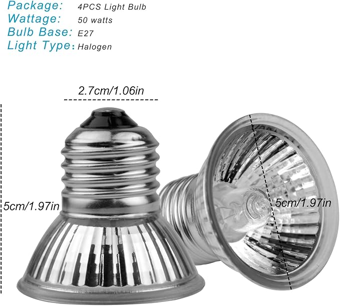 DOMICA 4-Pack 50W UVA UVB Light Bulbs for E27 Reptile Heat Lamp, Basking Spot Light Simulated Sunlight, Heating Lamp for Turtle, Lizard, Snake, Beared Dragon, Amphibians